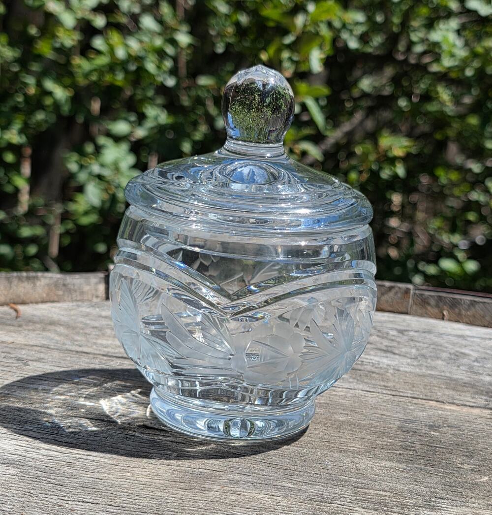 Vintage Lead Crystal German Cut Etched Glass Lidded Jar Heavy Candy Trinket